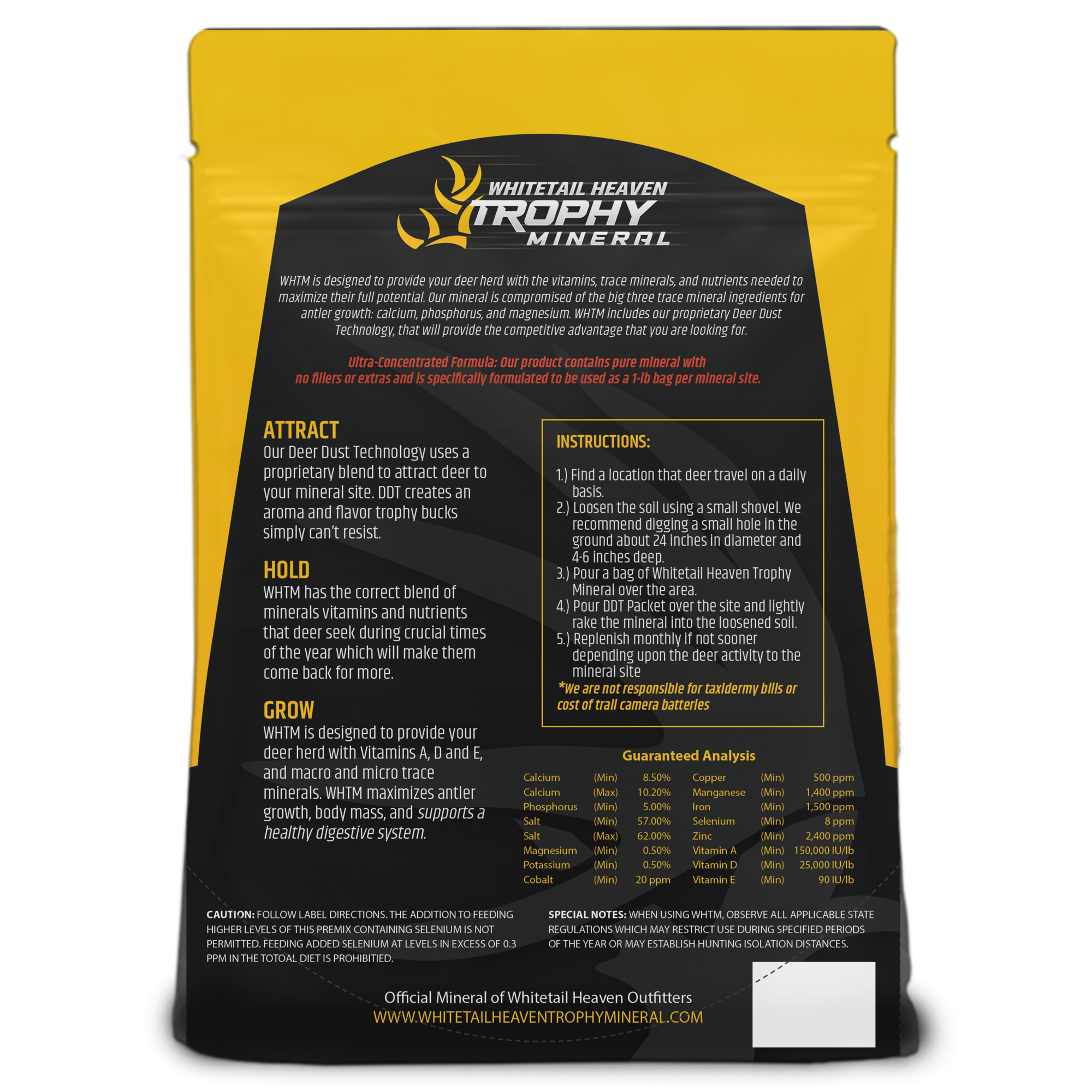 Trophy Mineral bag — back label with guaranteed analysis and instructions