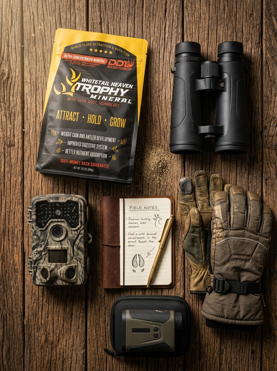 Trophy Mineral with trail cam, binoculars and field notes