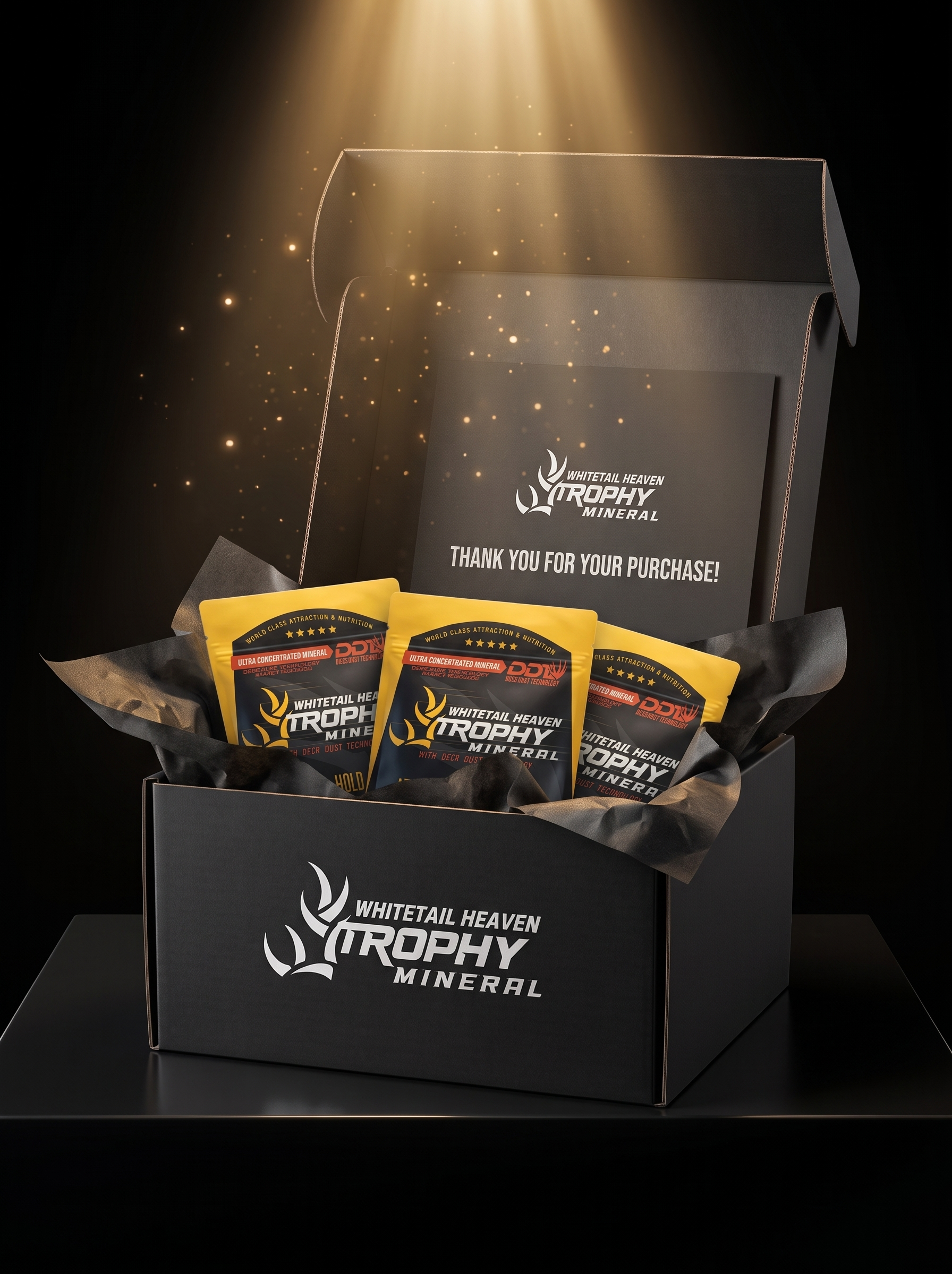 Whitetail Heaven Trophy Mineral premium packaging box with bags and a Thank You For Your Purchase card
